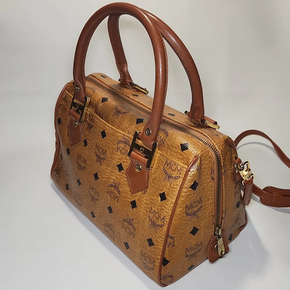 Authentic MCM Monogram Vintage Speedy Bag Cognac Visetos w/ Crossbody Strap